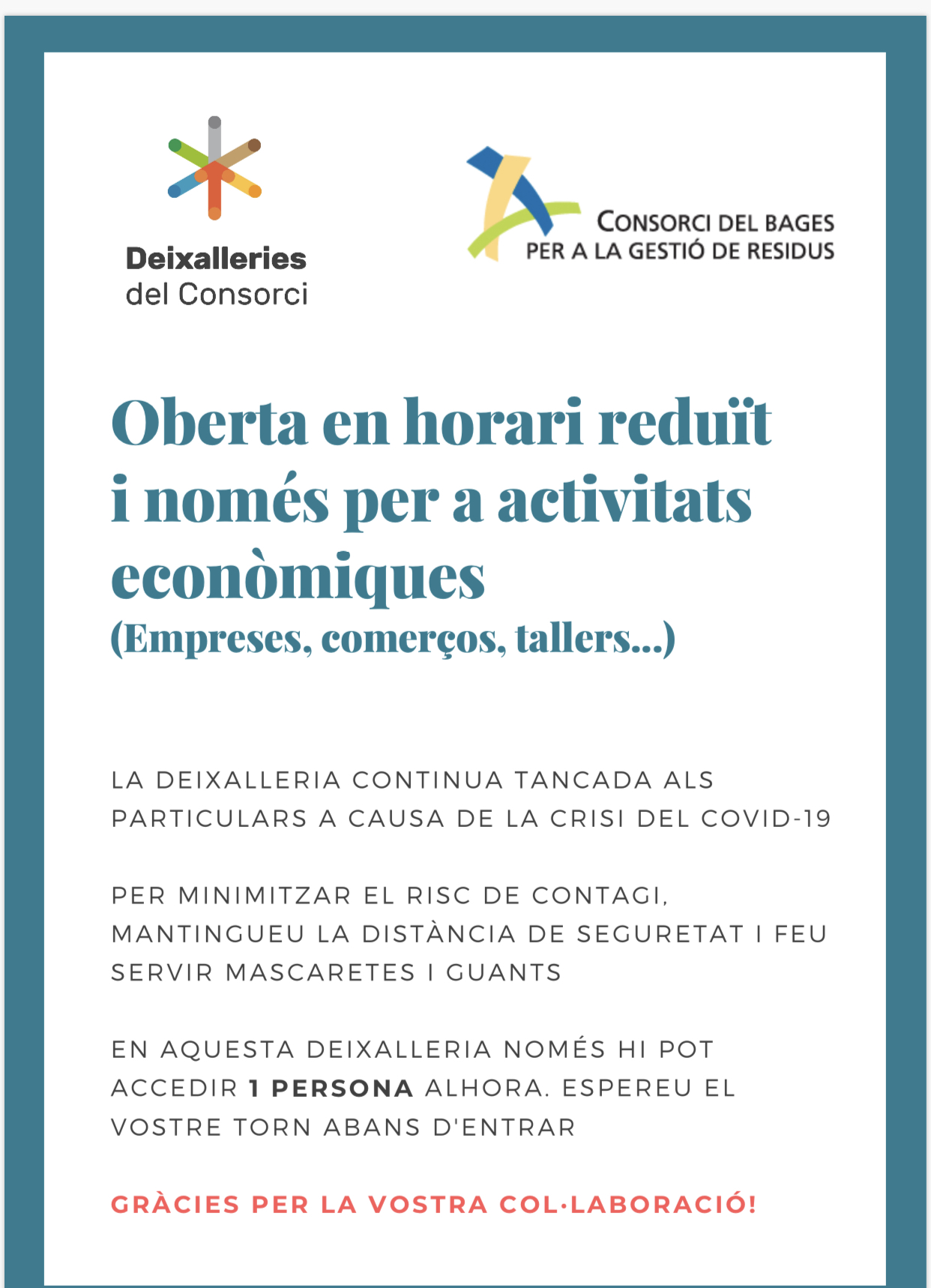 La deixalleria de Cardona reobrirà dimecres amb horari reduït i només per activitats econòmiques