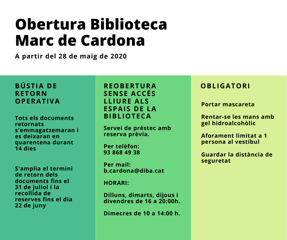 La Biblioteca Marc de Cardona reobre les portes a partir d'aquest dijous amb algunes limitacions