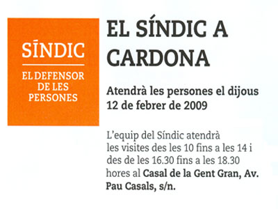 El Síndic de Greuges visitarà Cardona el proper dijous 12 de febrer