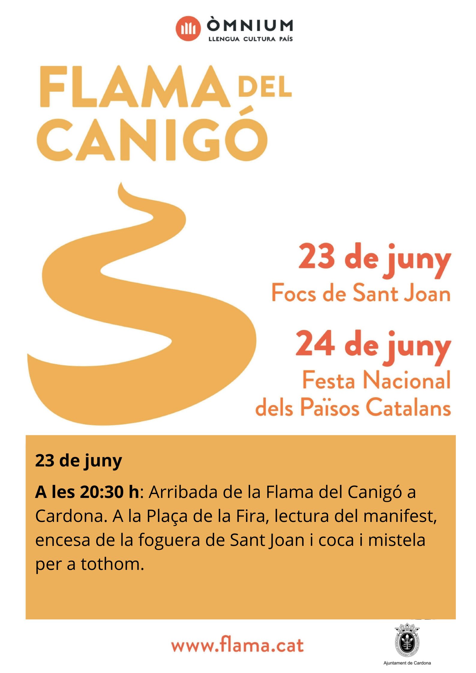 La Flama del Canigó arribarà a Cardona el 23 de juny per celebrar el solstici d'estiu
