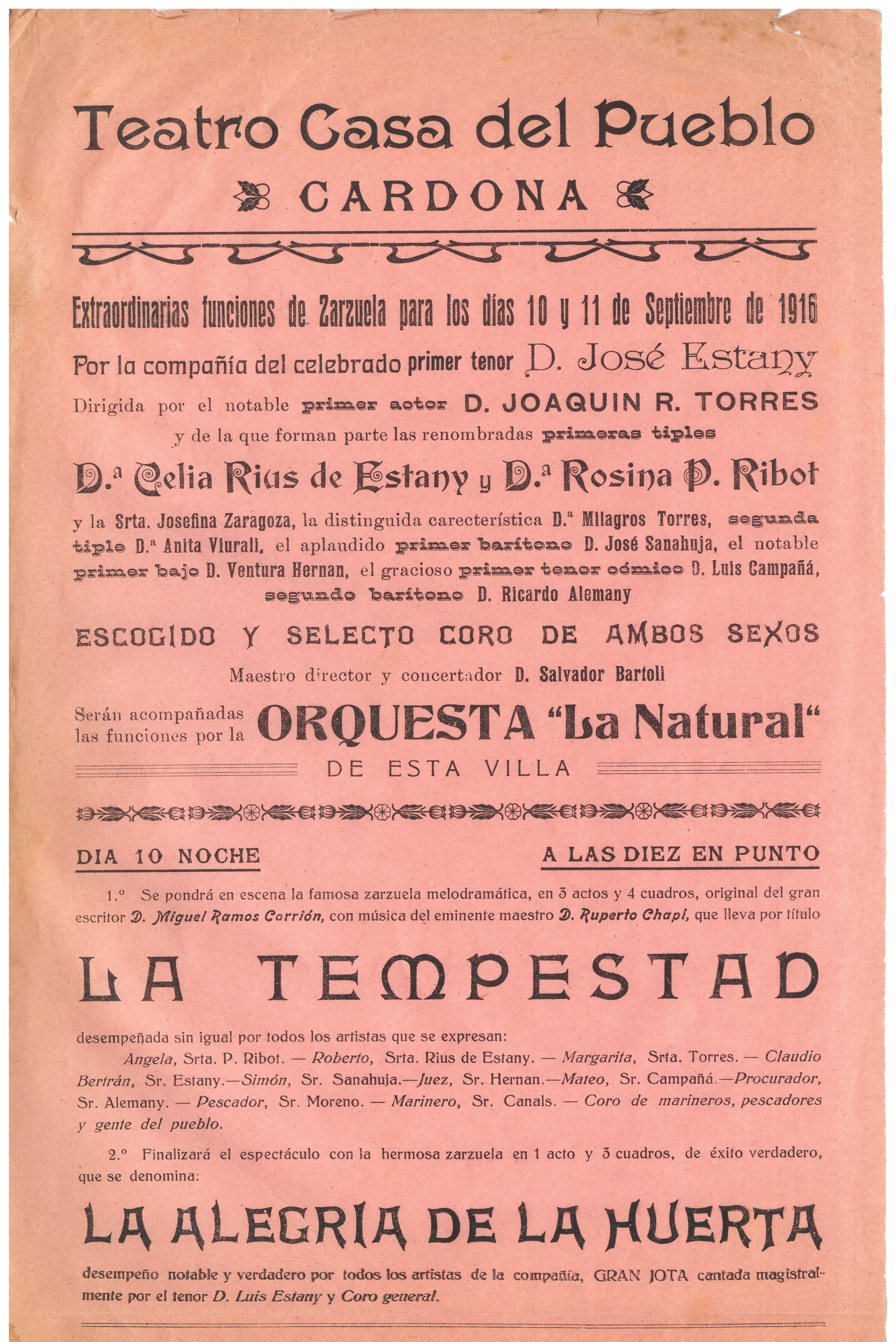 L'Arxiu Històric de Cardona ingressa un cartell del teatre de la Casa del Poble del 1916